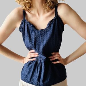 FRAME Smocked Navy Eyelet Babydoll Tank – Size Small – NWT‎ $195 Feminine Chic